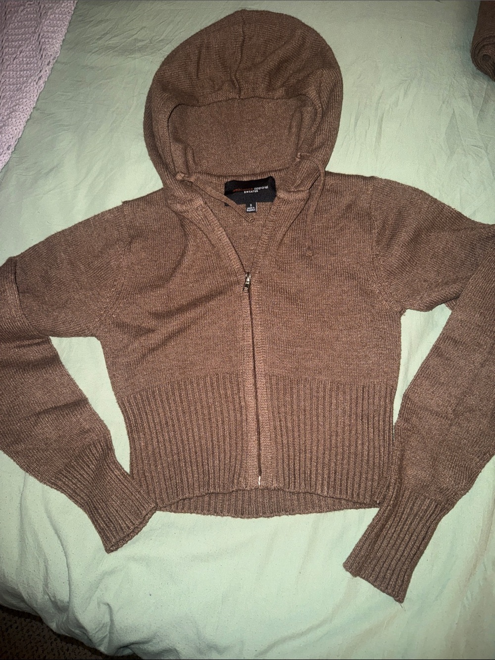 Women's Hooded Zip Knitted Sweater - Brown